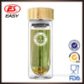 EG504 Custom reusable double wall glass water bottles with bamboo lid tea infusion